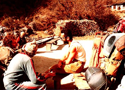 1979 Nepal, the Everest Trek. Ken Street (not seen) is the one snapping this photo of his 3 trekking companions. Ken's backpack is at the front of the picture.